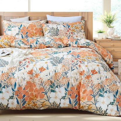 100% Cotton Duvet Cover King Size – Autumn Botanical Floral Duvet Cover Set with Zipper Closure, 3-Piece Soft Breathable Percale Weave Bedding Set for All Seasons