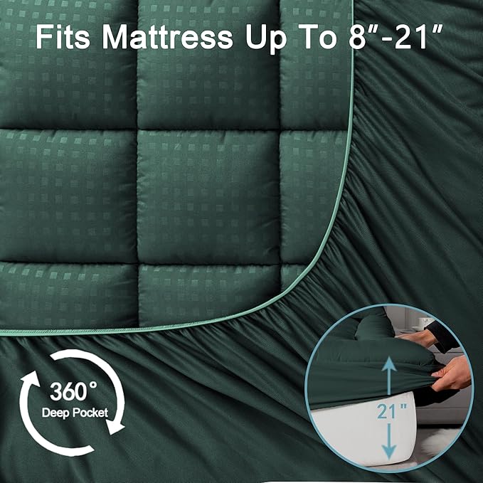 HYLEORY California King Mattress Pad Quilted Fitted Mattress Protector Cooling Pillow Top Mattress Cover Breathable Fluffy Soft Mattress Topper with 8-21" Deep Pocket, Green