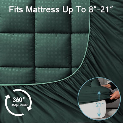 HYLEORY California King Mattress Pad Quilted Fitted Mattress Protector Cooling Pillow Top Mattress Cover Breathable Fluffy Soft Mattress Topper with 8-21" Deep Pocket, Green