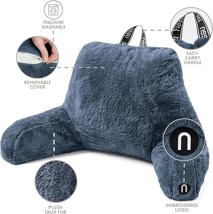 Nestl Fur Reading Pillow with Laptop Lap Desk, Stylish Back Pillow for Sitting Up, Lap Desk with Reading Pillows for Sitting in Bed Adult & Kids, Faux Fur Chair Pillow with Arms - Blue