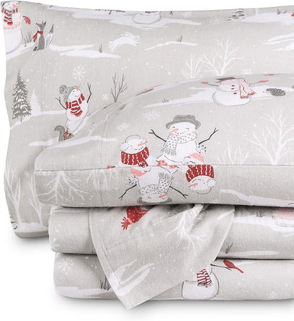 Bare Home Flannel Sheet Set Prints, 100% Cotton, Velvety Soft Heavyweight - Double Brushed Flannel for Extra Softness & Comfort - Deep Pocket - Bed Sheets (Full, Snowmen)