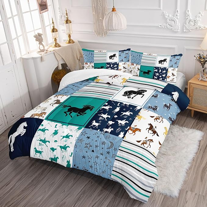 Kids Comforter Set Horses Printed Pattern Bedding Set with 1 Comforter and 2 Pillowcases for Girls Boys Bedroom All Season(Horses Twin)