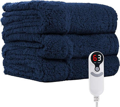 Electric Heated Blanket Throw Size 50"×60" with 6 Heating Levels & 3 Hours Auto Off, Heating Blanket Double Sided Plush Sherpa, Fast Heating, Machine Washable for Christmas Gift - Dark Blue