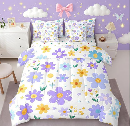 Feelyou Cute Flower 7 Piece Bedding Set Queen Size Kids Cartoon Cute Floral Bed in a Bag for Girls Teens Purple Yellow Comforter Set with Sheets Kawaii Bed Set