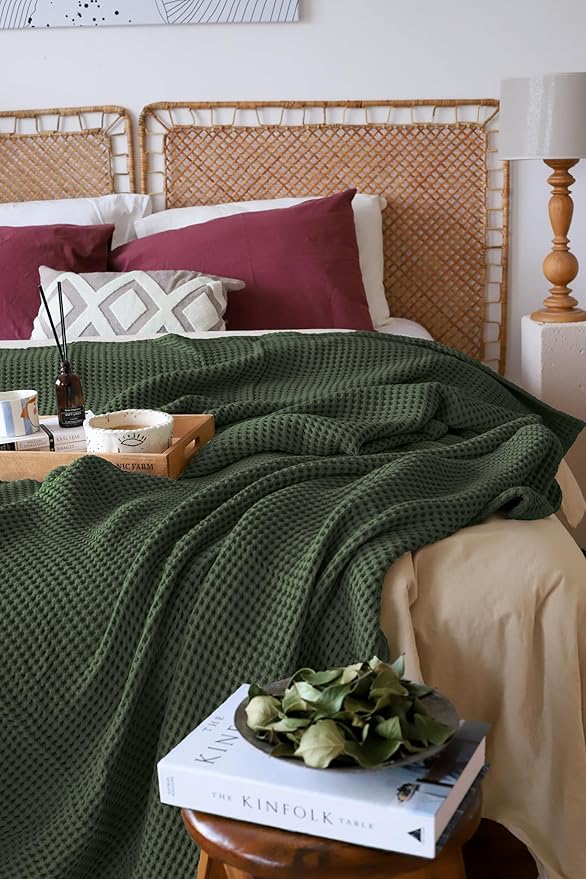 Premium Waffle Blanket Queen XL Size Green - Luxury, Pure 100% Turkish Cotton, Light & Airy Waffle Weave All-Season Quilt - Decorative Bedspread (Dark Green, Queen XL 95" x 102" Inch)