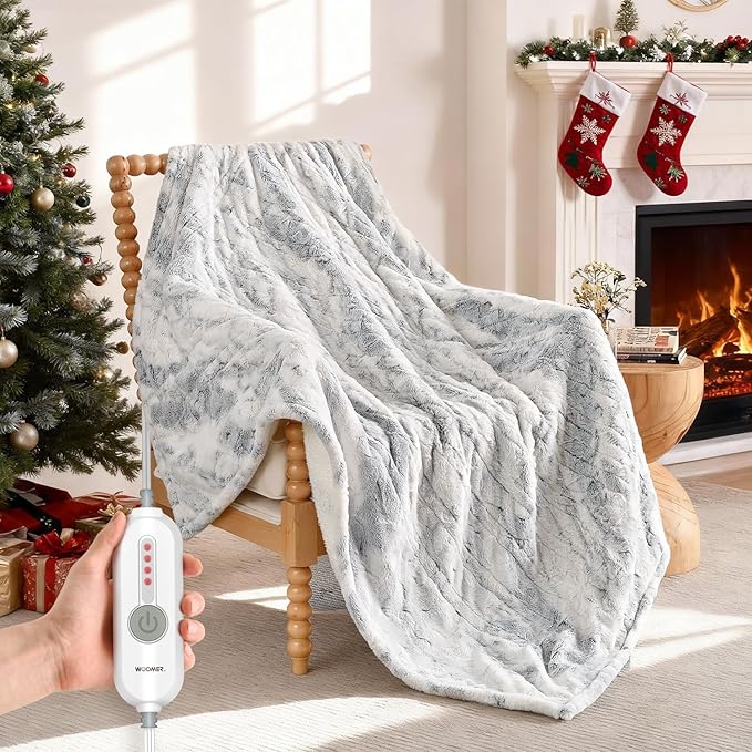 WOOMER Electric Heated Throw Blanket 50"x 60", Reversible Super Cozy Faux Fur&Sherpa, Fast Heating,4 Heating Levels & 4H Auto Off, Machine Washable, Overheat Protection,Gift
