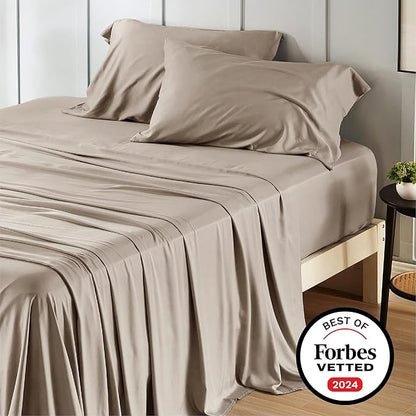 Bedsure California King Sheet Sets, Cooling Sheets, Rayon Derived from Bamboo, Deep Pocket Up to 16", Breathable & Soft Bed Sheets, Hotel Luxury Silky Bedding Sheets & Pillowcases, Simply Taupe