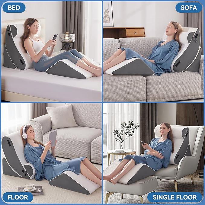 Wedge Pillow Set for After Surgery, 4 PCS Bed Wedge Pillow for Sleeping, Memory Foam Orthopedic Back Pillow for Pain Relief and Acid Reflux, Adjustable Post Surgery Pillow Grey