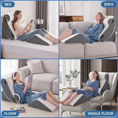 Wedge Pillow Set for After Surgery, 4 PCS Bed Wedge Pillow for Sleeping, Memory Foam Orthopedic Back Pillow for Pain Relief and Acid Reflux, Adjustable Post Surgery Pillow Grey