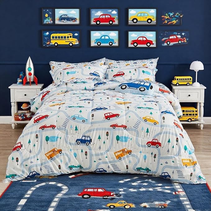 Mooreeke Bed in a Bag for Kids Boys Teens, 6 Pieces Twin Size Comforter Bed Set with Shams, Sheet Set and Decorative Toy Pillow, Cars White Super Soft Microfiber Kids Comforter Bedding Set