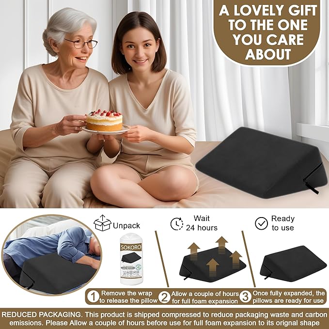 sokoro Bed Wedge Pillow for Sleeping, Triangle Pillow Wedge, Acid Reflux, Gerd, After Surgery, Back Support, Body Positioners for Pregnancy, Adults, Seniors to Elevate Head, Knee, Leg, Black