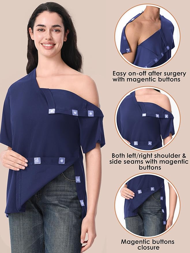 Magnetic Buttons Post Shoulder Surgery Recovery Shirt for Men V-Neck Tear Away Adaptive Chemo Port Clothing for Women