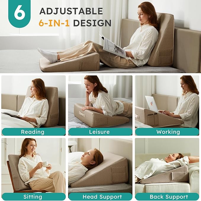 Bedluxe Wedge Pillow, 10 inch Bed Wedge Pillow for Headboard, Pillow Wedge for Acid Reflux Relief, Sleeping, After Surgery, Snoring, Gerd, Triangle Pillow Wedge - Cooling Memory Foam Top, Coffee