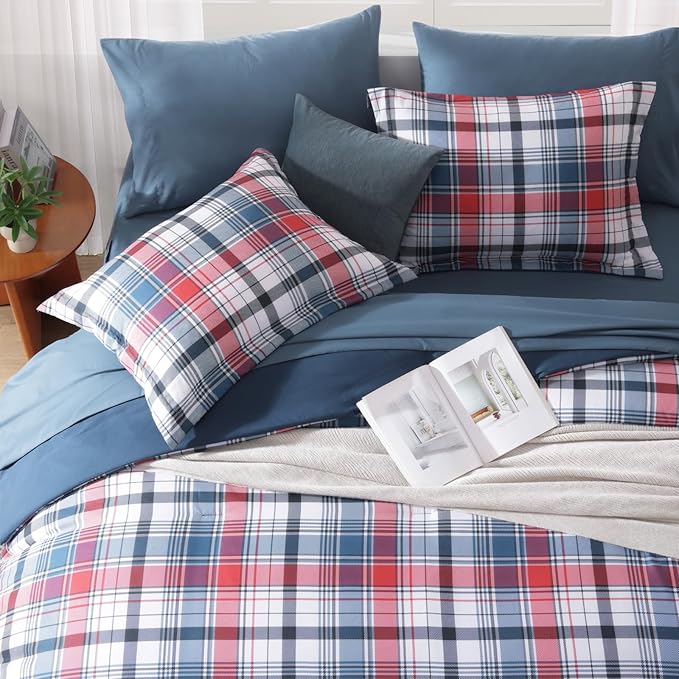 MaiRêve Queen Size Plaid Comforter Set Navy Red, Classic 7 Pieces Farmhouse Bedding Set, All Season Lightweight Bed in A Bag with Sheets, Pillowcases & Shams