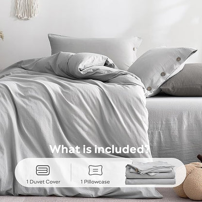 JELLYMONI 100% Washed Cotton Duvet Cover Twin – Soft, Breathable Linen-Look Bedding with Natural Wrinkle Texture, Button Closure, 3-Piece Set (Pale Grey, 68"x90")