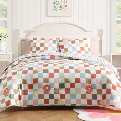 Twin XL Comforter Set for Girls, Colorful Checkered Bedding Set with Cute Floral, All Season Plaid Kids Bed in a Bag Dorm 5 Pieces with Sheets, Pillowcase & Sham