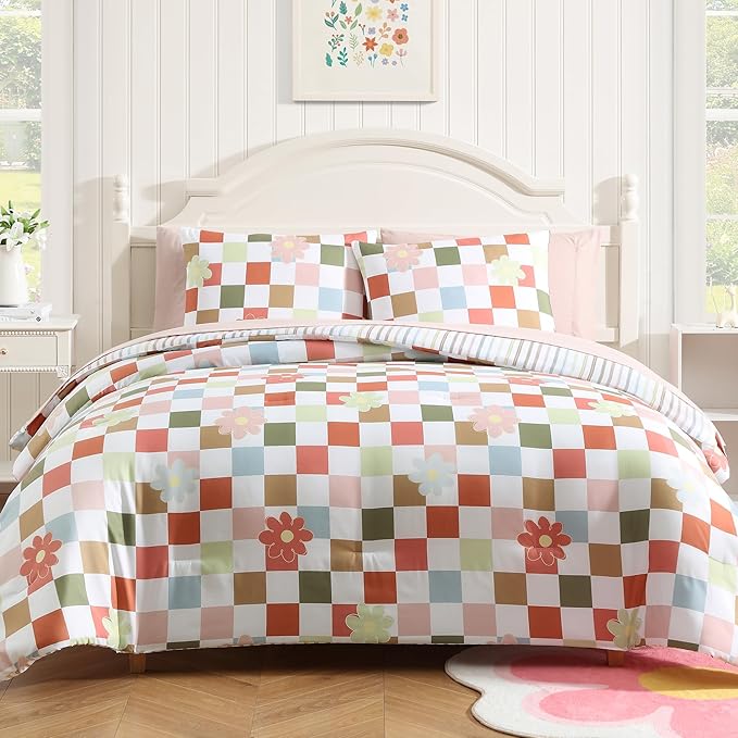 Queen Comforter Set for Girls, Colorful Checkered Bedding Set with Cute Floral, All Season Plaid Kids Bed in a Bag 7 Pieces with Sheets, Pillowcases & Shams