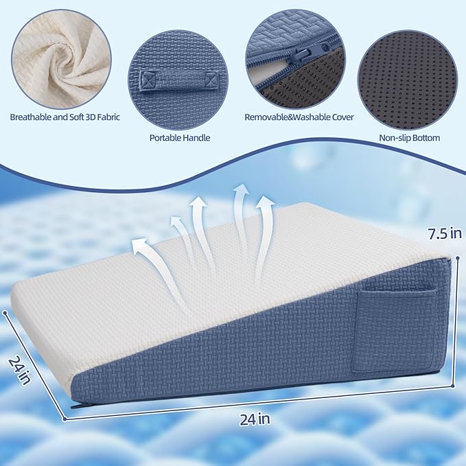 Wedge Pillow for Headboard, 7.5’’ Triangle Elevated Bed Wedge Pillow for Acid Reflux Relief, Sleeping, Post Surgery, Back Pain Relief, Snoring, Soft Memory Foam Top & Washable Breathable Cover, Blue