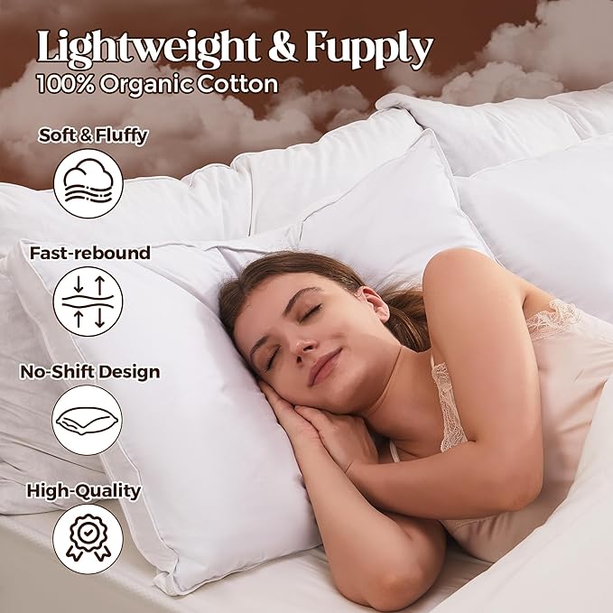 Bafode Goose Feathers and Down Pillows, Pillows Queen Size Set of 2, Cotton Cover,Gusseted Hotel Collection Bed Pillow for Back, Stomach or Side Sleepers