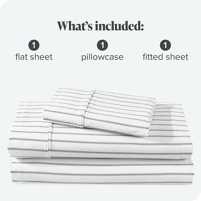 Bare Home Flannel Sheet Set Prints, 100% Cotton, Velvety Soft Heavyweight - Double Brushed Flannel for Extra Softness & Comfort - Deep Pocket - Bed Sheets (Twin XL, Ticking Stripe - White/Grey)