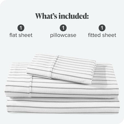 Bare Home Flannel Sheet Set Prints, 100% Cotton, Velvety Soft Heavyweight - Double Brushed Flannel for Extra Softness & Comfort - Deep Pocket - Bed Sheets (Twin XL, Ticking Stripe - White/Grey)