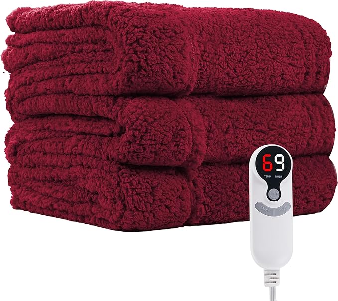 Electric Heated Blanket Full Size 72"×84" with 6 Heating Levels & 1-10Hs Auto Off, Heating Blanket Double Sided Plush Sherpa, Fast Heating, Machine Washable for Christmas Gift - Red