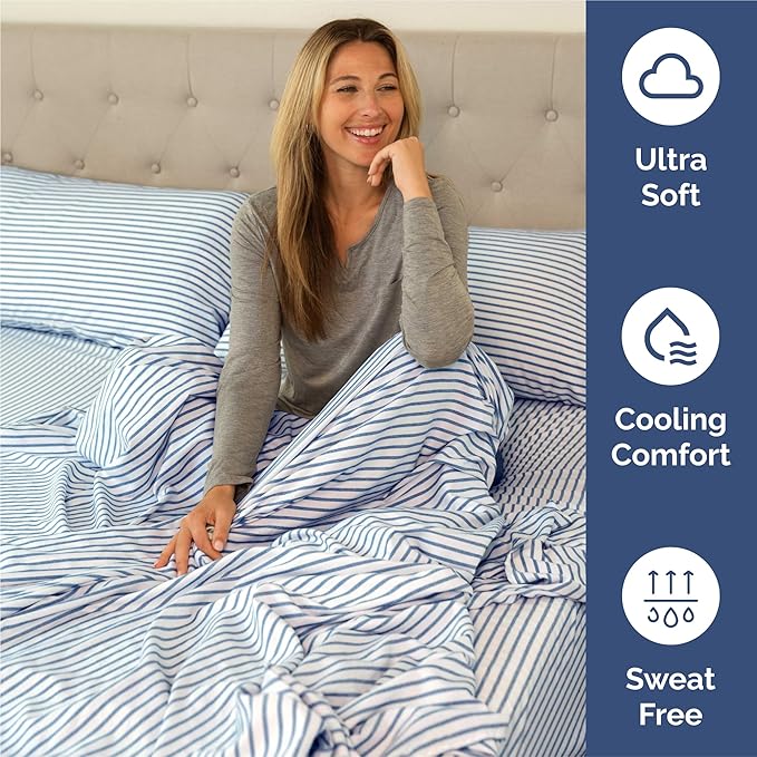 Split King 7 Piece Sheet Set - Comfy Breathable & Cooling - Soft Hotel Luxury Bedding Set w/ 8-16 Inch Deep Pockets - 1 Flat & 2 Fitted Sheet & 4 Pillowcases - Cozy and Wrinkle Free - Blue Stripes 2