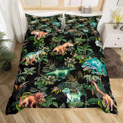 Watercolor Dinosaur Duvet Cover Set Full Size,Cartoon Dino Animal Oil Painting Style Comforter Cover with 2 Pillowcases,Green Leaves Tropical Natural Plants Breathable Bedspread for Boys Teens