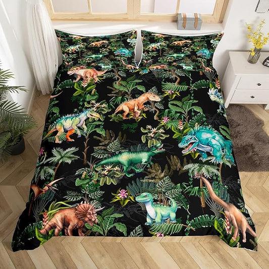 Watercolor Dinosaur Duvet Cover Set Full Size,Cartoon Dino Animal Oil Painting Style Comforter Cover with 2 Pillowcases,Green Leaves Tropical Natural Plants Breathable Bedspread for Boys Teens