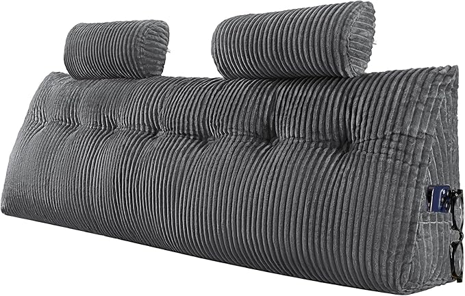 VEVOR Headboard Pillow, King Size Wedge Headboard Pillow with 2 Side Pockets and 2 Headrests, Bed Wedge Pillow with Washable Flannel Cloth, for Reading, Gaming, Resting, Working in Bed, Grey
