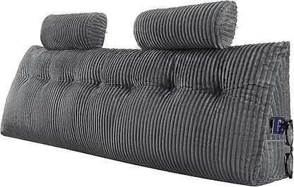 VEVOR Headboard Pillow, King Size Wedge Headboard Pillow with 2 Side Pockets and 2 Headrests, Bed Wedge Pillow with Washable Flannel Cloth, for Reading, Gaming, Resting, Working in Bed, Grey