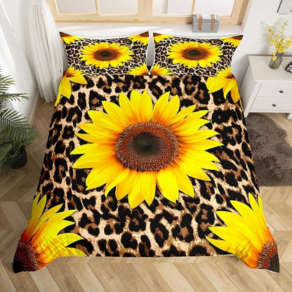 Castle Fairy Sunflowers Bedding Set Twin Size,Leopard Fur Print Duvet Cover for Kids Boys Bed Comforter Cover Set,Wildlife Animal Floral Bedding Quilt Cover Set Decorative 2 Pieces