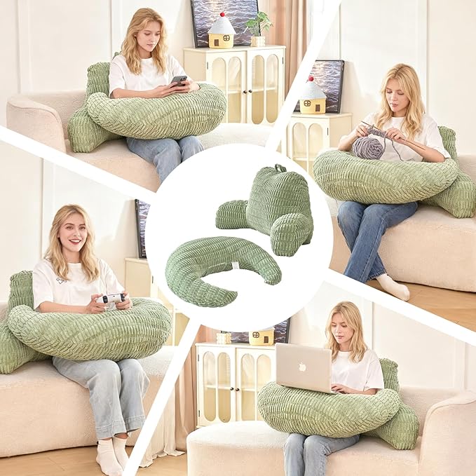 Back Pillow for Bed Sitting Up,U Shaped & Back Support Pillow for Bed,19" Backrest with Lumbar & Arm Support,Comfy Corduroy Fabric,Lap Pillow for Gaming/Reading/Watching TV,Green