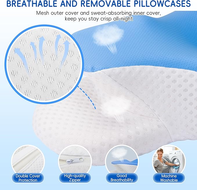 Cervical Neck Pillow for Pain Relief, Ergonomic Contour Pillow for Sleeping, 2 Heights Cooling Pillow for Neck and Shoulder Support, Memory Foam Orthopedic Pillow for Side Back Stomach Sleepers Blue