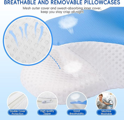 Cervical Neck Pillow for Pain Relief, Ergonomic Contour Pillow for Sleeping, 2 Heights Cooling Pillow for Neck and Shoulder Support, Memory Foam Orthopedic Pillow for Side Back Stomach Sleepers Blue