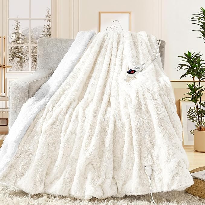 MAXEVE Heated Blanket Electric Twin Size 62"x84" Faux Rabbit Fur Sherpa Blankets with 6 Heating Sets & 12 Hours Auto Off, Warm Gifts for Grandma Wife, ETL Certification