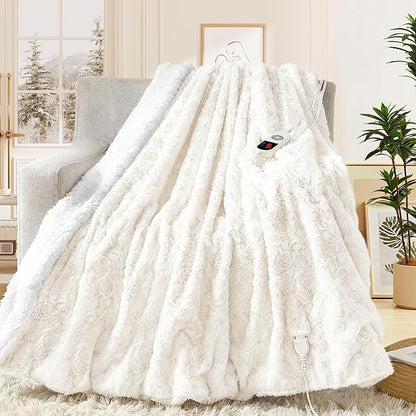 MAXEVE Heated Blanket Electric Twin Size 62"x84" Faux Rabbit Fur Sherpa Blankets with 6 Heating Sets & 12 Hours Auto Off, Warm Gifts for Grandma Wife, ETL Certification