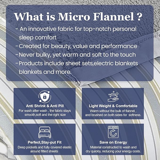 Thermee Micro Flannel Heated Blanket with Sherpa Back, 10-Setting Electric Blanket - Twin Size, Programmable Heating Throw - City Stripe