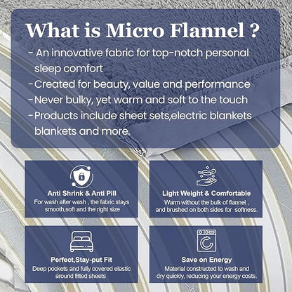 Thermee Micro Flannel Heated Blanket with Sherpa Back, 10-Setting Electric Blanket - Twin Size, Programmable Heating Throw - City Stripe
