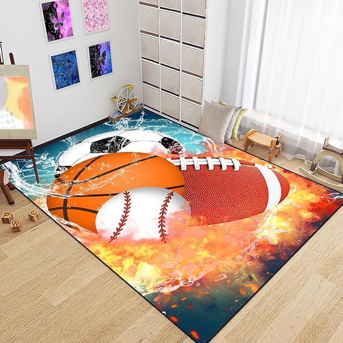 Basketball Rug for Boys Bedroom Kids Football Carpet Water Fire Sports Rugs for Boys Bedroom Baseball, Soccer Rug for Playroom Living Room Decor Sofa Mat, 4.5x6 Feet