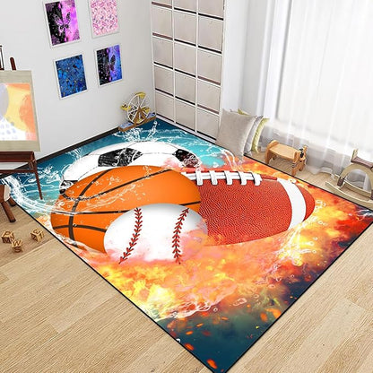 Basketball Rug for Boys Bedroom 5'x7' Kids Football Carpet Water Fire Sports Rugs for Boys Bedroom Baseball, Soccer Rug for Playroom Living Room Decor Sofa Mat