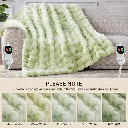 Heated Blanket Throw with 1/2/4/6/8 Hours Auto-Off 10 Heat Level, 90'' * 100'' Cozy Faux Rabbit Fur Bubble Electric Blanket with Overheat Protection(Tie-Dye Green)