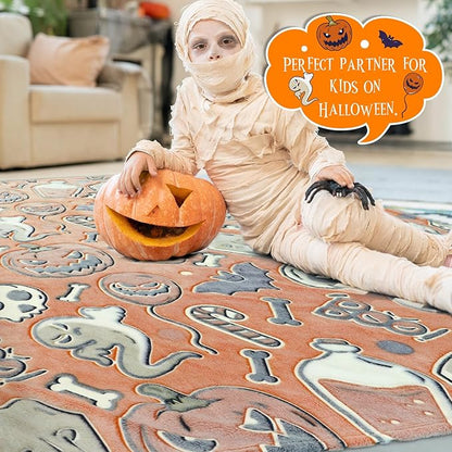 Halloween Blanket Gifts for Kids Adults - Glow in The Dark Halloween Throw Blanket with Spooky Pumpkin Bat Ghost Spider Print, Soft Cozy Orange Fall Fleece Throws for Couch Bed Home Decor 50"x60"