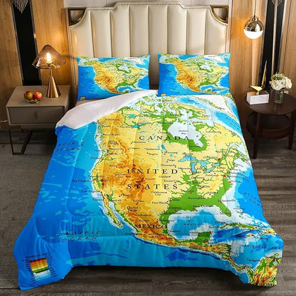 Feelyou World Map Soft Comforter Set Kids Topographic Map of The World Continents Countries Oceans Mountains Bedding Set Blue Green Quilt Set Decor Room Decor 2Pcs Twin Size