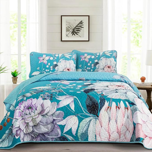 Drucon Floral Quilt King Size - 3 Pieces Aqua Blue Quilt Botanical Bedspread Soft Lightweight Flower Bedding Set for All Season (104"x90")