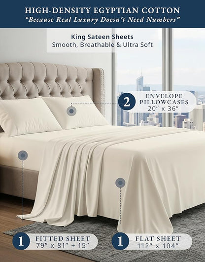 100% Egyptian Cotton King Size Sheets Set – Silky Sateen Weave for Warm Winter Comfort, Ultra Soft & Durable Christmas Sheets King Size, Snug Fit 15" Deep Pocket, Luxury Hotel Comfort at Home - Ivory
