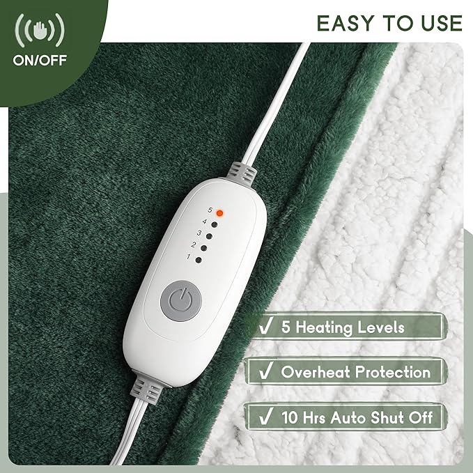 Heated Blanket Electric Blanket Full Size 72''x84'', Soft Flannel Heating Blanket with 10 Hour Auto Off - 5 Heat Settings - Machine Washable - Grass Green