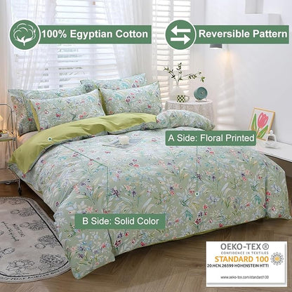 URBONUR Green Floral Duvet Cover Set Full Size 100% Egyptian Cotton Percale Bedding Set Farmhouse Butterfly Print Comforter Cover with Button Closure (3Pcs, Full)