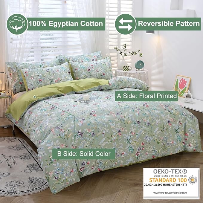 URBONUR Green Floral Duvet Cover Set Queen Size 100% Egyptian Cotton Bedding Set Farmhouse Butterfly Print Comforter Cover with Button Closure (3Pcs, Queen)