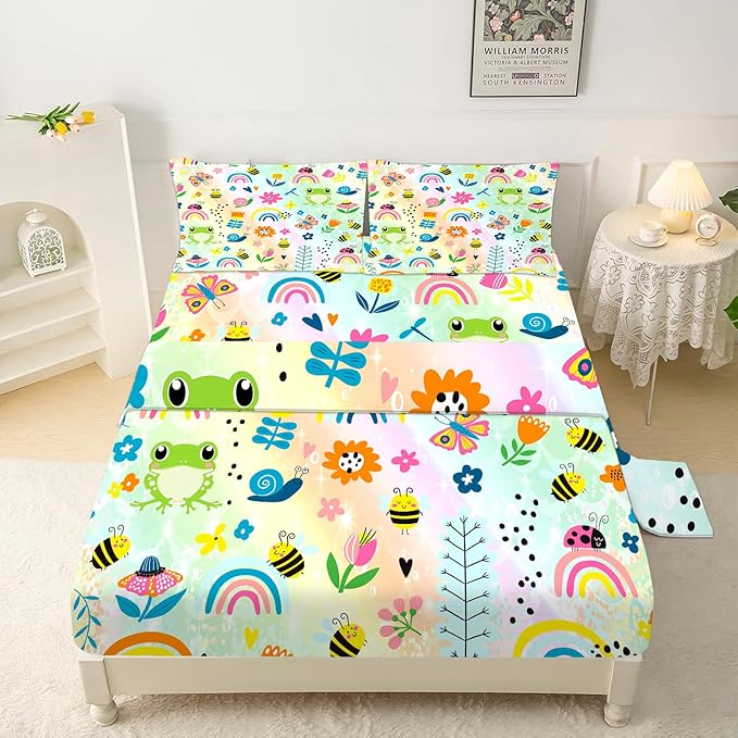 Rainbow Frogs Fitted Sheet Sets,Cartoon Floral Kids Bedding Twin Size for Girls Teens Adults Bedroom Bed, Kawaii Sheets Bedspread Set,1 Flat Sheet 1 Fitted Sheet 1 Pillowcase